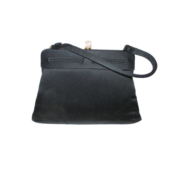 *Vintage Magid Black Peau de Soie Satin Rhinestone Snap Closure Evening Bag - Picture 1 of 8
